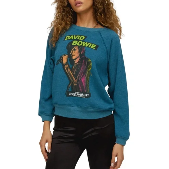 NWT Daydreamer David Bowie Ziggy Stardust Blue Raglan Crew Sweater XS, M - Picture 1 of 8